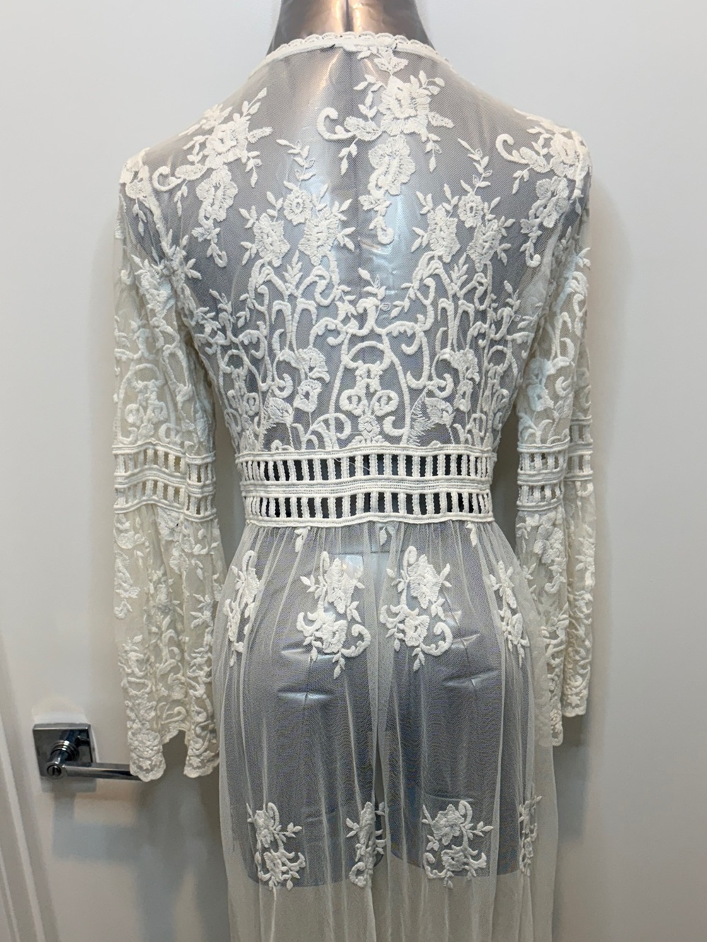 Sheer off white Embroidered Lace Duster, cover up, - Picture 4 of 7